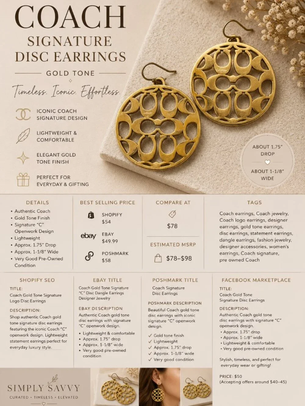 Coach Gold Tone Signature Openwork Earrings - Picture 3 of 3
